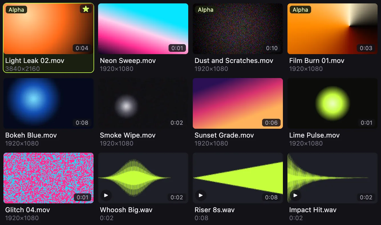 The Asset Library asset grid. Thumbnails of a video clip, a sound effect, a motion graphics template, an image, a light leak and a music track, each with its length or size.